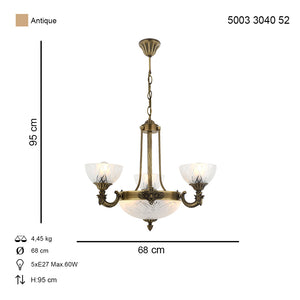 Lustra HubRom, YENI LOST 5003-3040-52 65x65xHmax95 cm 3xE27-60W + 3xE14-40W Antiq