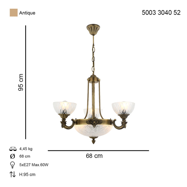 Lustra HubRom, YENI LOST 5003-3040-52 65x65xHmax95 cm 3xE27-60W + 3xE14-40W Antiq