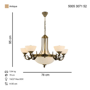 Lustra HubRom, MASS 5005-3071-52 78x78xHmax95 cm 5xE27-60W + 3xE14-40W Antiq