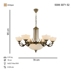Lustra HubRom, MASS 5006-3071-52-52 78x78xHmax95 cm 6xE27-60W + 3xE14-40W Antiq