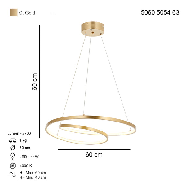 Lustra Led HubRom, LUNDRA Auriu 5060-5054-63 60x60xHmax40-60 cm 44 W / 4000 K Lumina Calda,Rece,Neutra