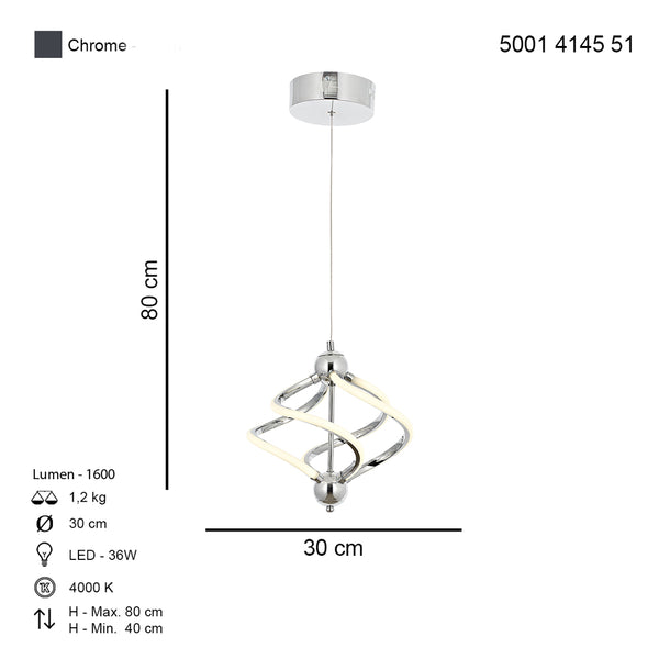 Lustra Led HubRom, RAVENA Crom 5001-4145-51 30x30xHmax40-80 cm 36 W / 4000 K Lumina Calda,Rece,Neutra