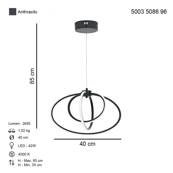 Lustra Led HubRom, VARNA Antarcit 5003-5086-96 40x40xHmax35-85 cm 42 W / 4000 K Lumina Calda,Rece,Neutra