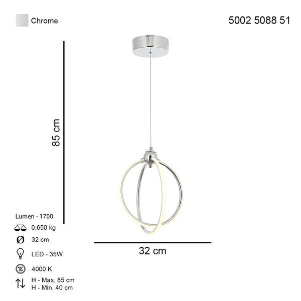 Lustra Led HubRom, PLEVNE Crom 5002-5088-51 32x32xHmax85 cm 35 W / 1700L/4000K Lumina Neutra