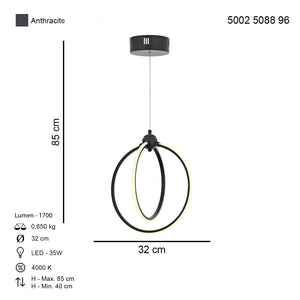 Lustra Led HubRom, PLEVNE Antracit 5002-5088-96 32x32xHmax85 cm 35 W / 1700L/4000K Lumina Neutra