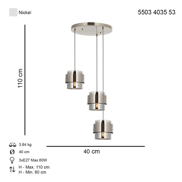 Lustra HubRom, ROZA 5503-4035-53 40x40xHmax110 cm 3xE27-60W Crom Satinat