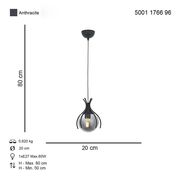 Lustra HubRom, PENCE 5001-1766-96 20x20xHmax50-80 cm 1xE27-60W Antracit
