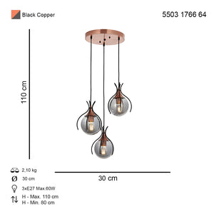Lustra HubRom, PENCE 5503-1766-64 30x30xHmax110 cm 3xE27-60W Negru/Cupru