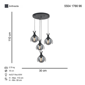 Lustra HubRom, PENCE 5504-1766-96 30x30xHmax110 cm 4xE27-60W Antracit