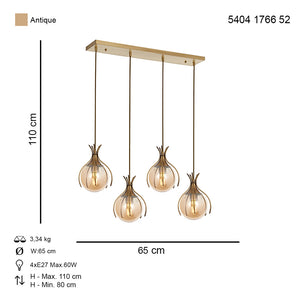 Lustra HubRom, PENCE 5404-1766-52 65x65xHmax110 cm 4xE27-60W Antiq