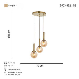 Lustra HubRom, HELYUM 5503-4521-52 30x30xHmax110 cm 3xE14-40W Antiq