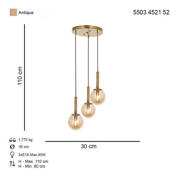 Lustra HubRom, HELYUM 5503-4521-52 30x30xHmax110 cm 3xE14-40W Antiq