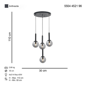 Lustra HubRom, HELYUM 5504-4521-96 30x30xHmax110 cm 4xE14-40W Antracit
