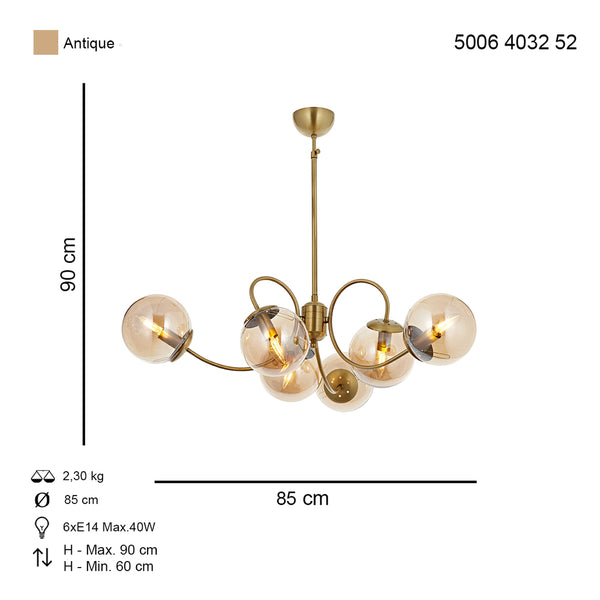 Lustra HubRom, MARAL 5006-4032-52 85x85xHmax90 cm 6xE14-40W Antiq