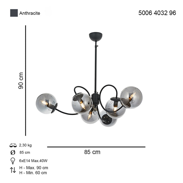 Lustra HubRom, MARAL 5006-4032-96 85x85xHmax90 cm 6xE14-40W Antracit
