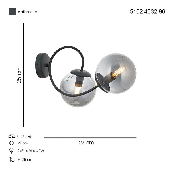 Aplica HubRom, MARAL 5102-4032-96 27x27xHmax25 cm 2xE14-40W Antracit