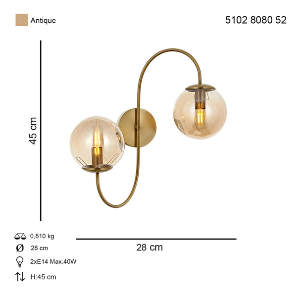 Aplica HubRom, SINIR 5102-8080-52 28x28xHmax45 cm 2xE14-40W Antiq
