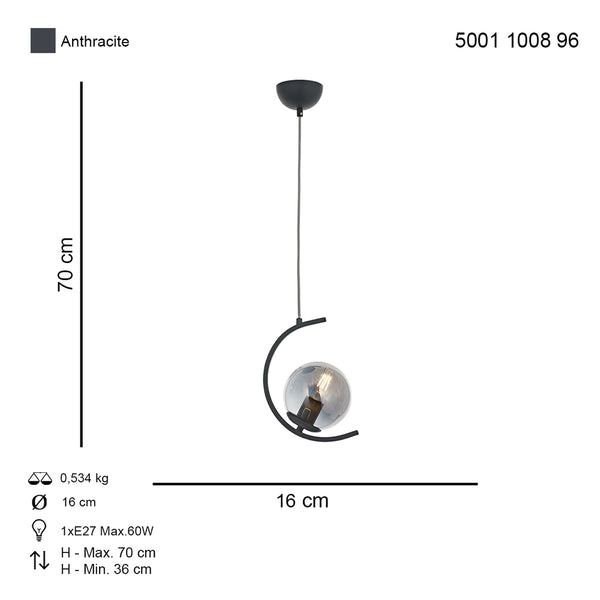 Lustra HubRom, ZAFRA 5001-1008-96 20x16xHmax70 cm 1xE27-60W Antracit
