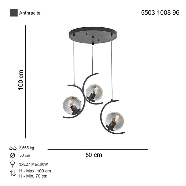 Lustra HubRom, ZAFRA 5503-1008-96 50x50xHmax100 cm 3xE27-60W Antracit