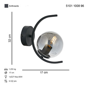 Aplica HubRom, ZAFRA 5101-1008-96 17x17xHmax32 cm 1xE27-60W Antracit
