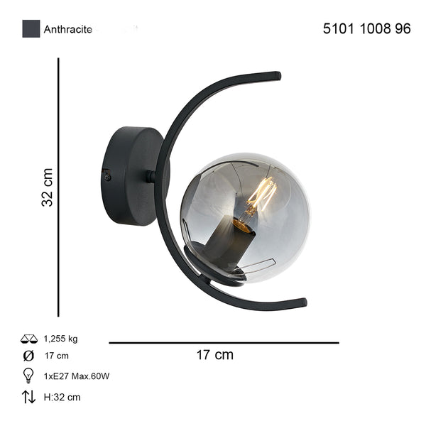 Aplica HubRom, ZAFRA 5101-1008-96 17x17xHmax32 cm 1xE27-60W Antracit