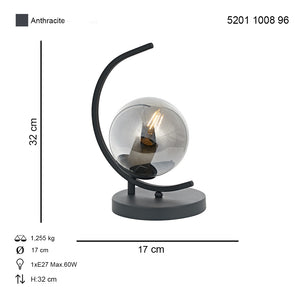 Veioza HubRom, ZAFRA 5201-1008-96 17x17xHmax32 cm 1xE27-60W Antracit
