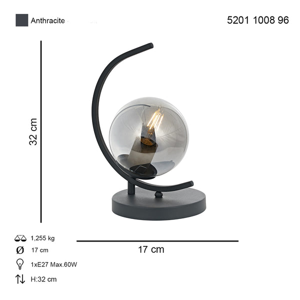 Veioza HubRom, ZAFRA 5201-1008-96 17x17xHmax32 cm 1xE27-60W Antracit