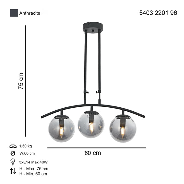 Lustra HubRom, OZEN 5403-2201-96 60x60xHmax75 cm 3xE14-40W Antracit