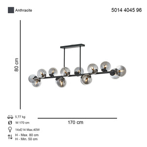 Lustra HubRom, Z SIRALI 5014-4045-96 170x170x35xHmax80 cm 14xE14-40W Antracit