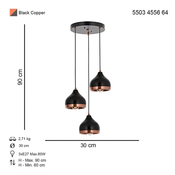 Lustra HubRom, DELIGHT 5503-4556-64 30x30xHmax90 cm 3xE27-60W Negru/Cupru