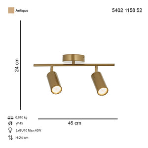 Plafoniera  HubRom, RAY 5402-1158-52 24x45 cm 2xG10-Max40W Antiq
