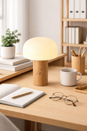 Veioza Led HubRom, OLWA Lampa de masă LED reîncărcabilă, tactilă, fără fir, cu detalii elegante din lemn 9504-1T-AH 15X21 cm Alb / Lemn