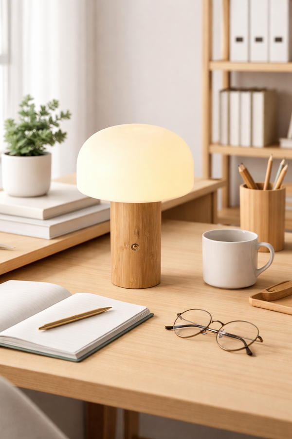 Veioza Led HubRom, OLWA Lampa de masă LED reîncărcabilă, tactilă, fără fir, cu detalii elegante din lemn 9504-1T-AH 15X21 cm Alb / Lemn