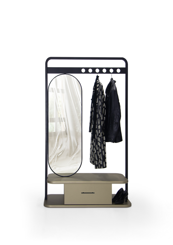 Cuier HubRom Antik, 185x110x50 cm, 1xCuier,1xOglinda,1xSertar, Auriu/Negru