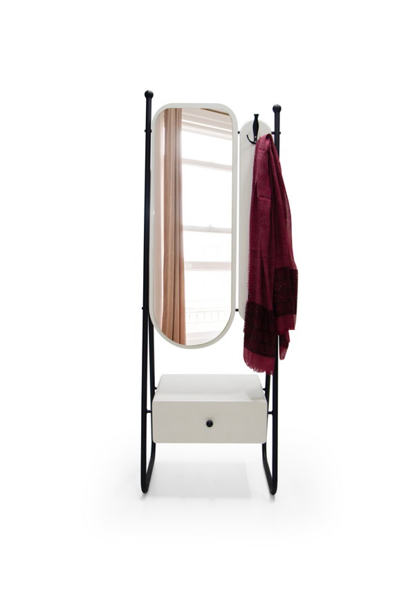 Cuier HubRom Mars, 185x60x45 cm, 1xCuier,1xOglinda,1xSertar, Alb/Negru