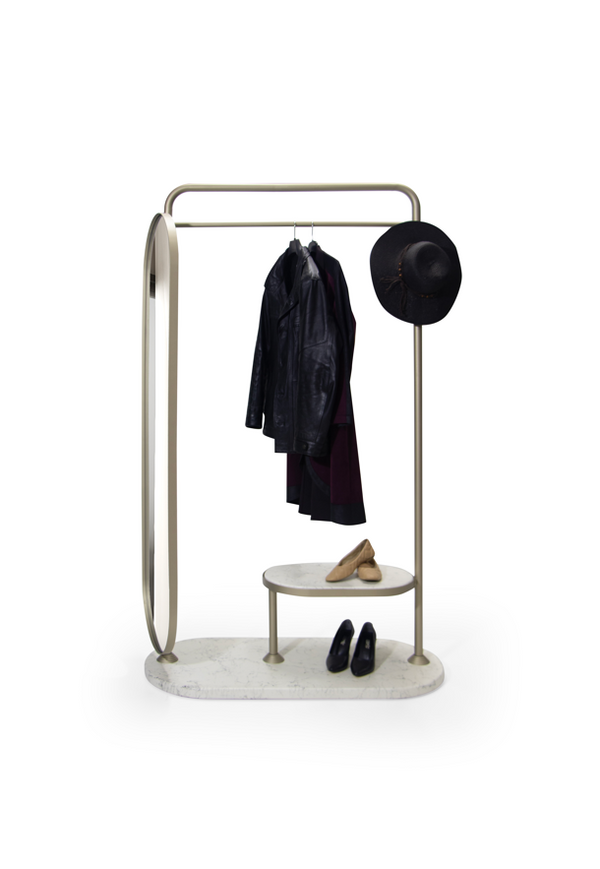 Cuier cu Oglinda si Masuta HubRom Velora, 185x117x50 cm, Alb/Auriu