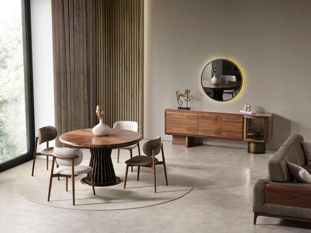Set Dining HubRom Pablo, 1xComoda(220x50x80), 1xOglinda Led, 1xMasa(140-190x100x77), 6xScaun, Antiq/Antracit/Lemn