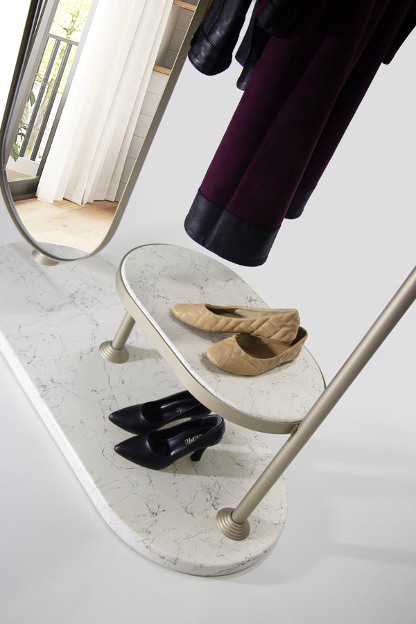 Cuier cu Oglinda si Masuta HubRom Velora, 185x117x50 cm, Alb/Auriu