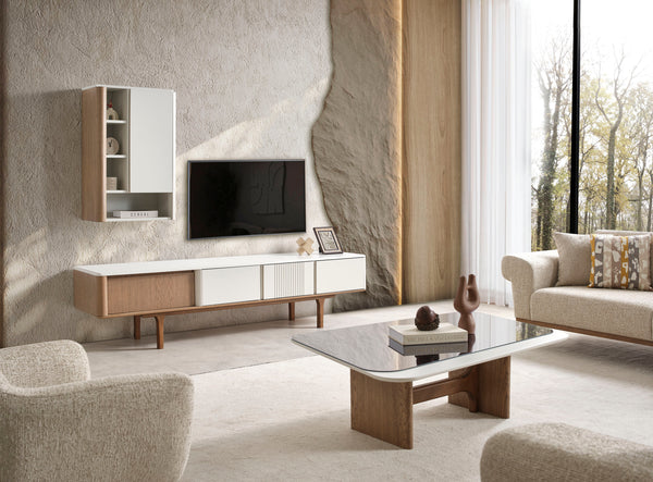 Masuta de Cafea HubRom Latte, 130x91x40 Sticla,Alb/Lemn