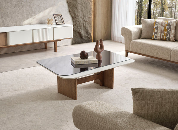 Masuta de Cafea HubRom Latte, 130x91x40 Sticla,Alb/Lemn