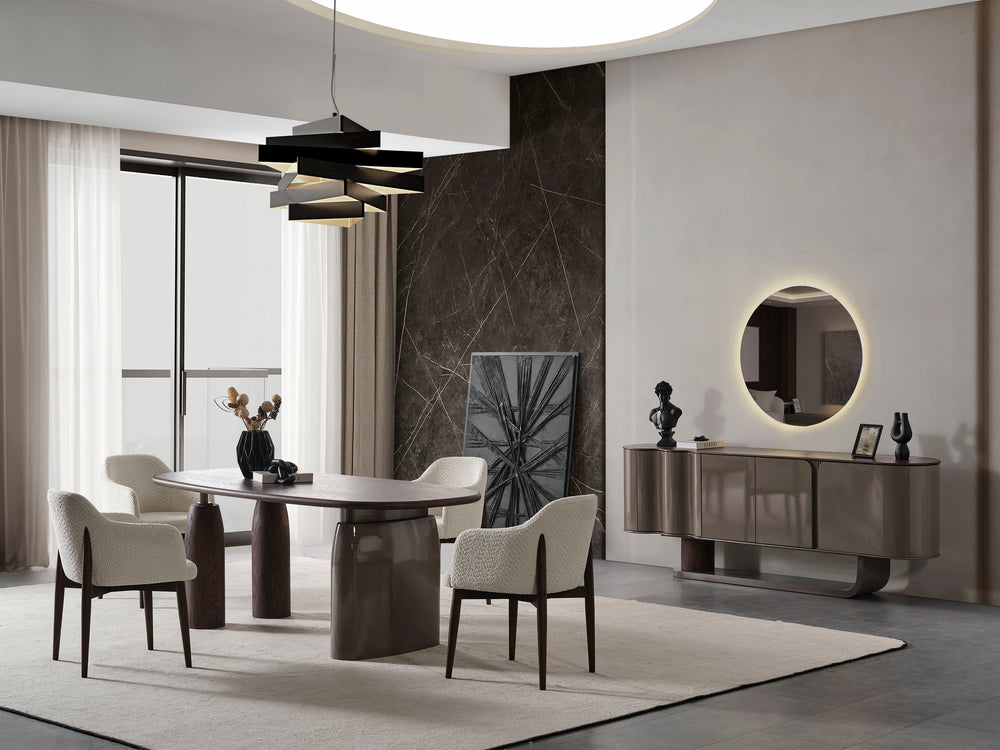 Set Dining HubRom Mocca, 1xComoda(220x50x82), 1xOglinda Led, 1xMasa(180x100x77), 6xScaun, Crem/Gri/Lemn