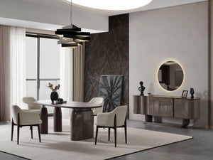 Set Dining HubRom Mocca, 1xMasa(180x100x77), 6xScaun, Crem/Gri/Lemn