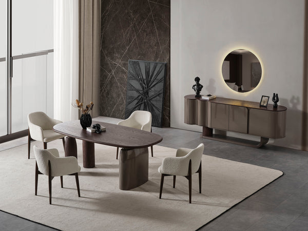 Set Dining HubRom Mocca, 1xMasa(180x100x77), 6xScaun, Crem/Gri/Lemn