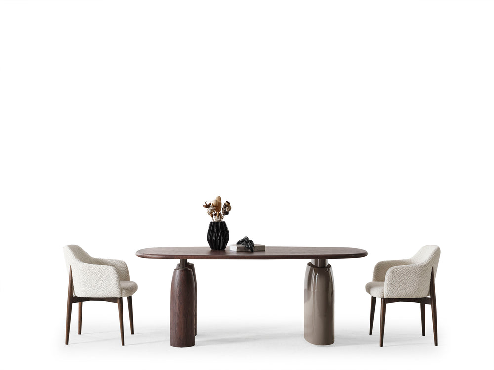 Set Dining HubRom Mocca, 1xMasa(180x100x77), 6xScaun, Crem/Gri/Lemn