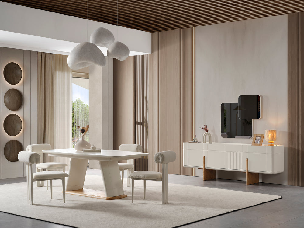 Set Dining HubRom Bold, 1xComoda(220x50x80), 2xOglinda, 1xMasa(190x100x77), 6xScaun, Crem/Lemn