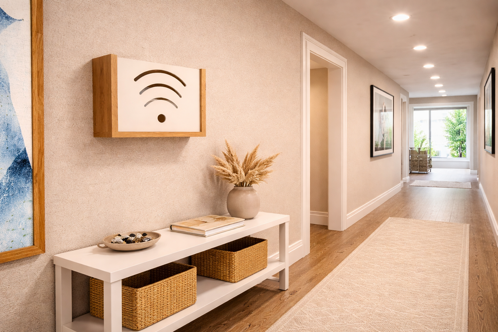 Cutie Wifi HubRom 30 cm x 25 cm x 15 cm, Alb / Lemn