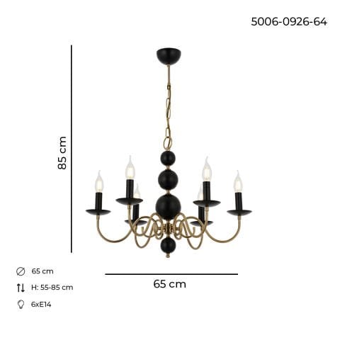 Lustra HubRom, ARGUN 5006-0926-64 65x65xHmax85 cm 6xE14-40W Negru / Antiq