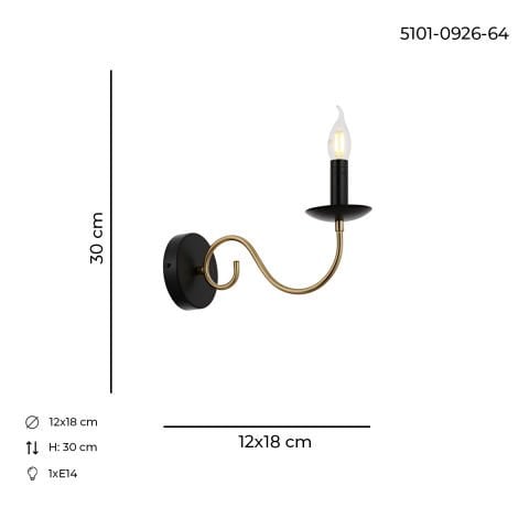 Aplica HubRom, ARGUN 5101-0926-64 12x18xHmax30 cm 8xE14-40W Negru /Antiq