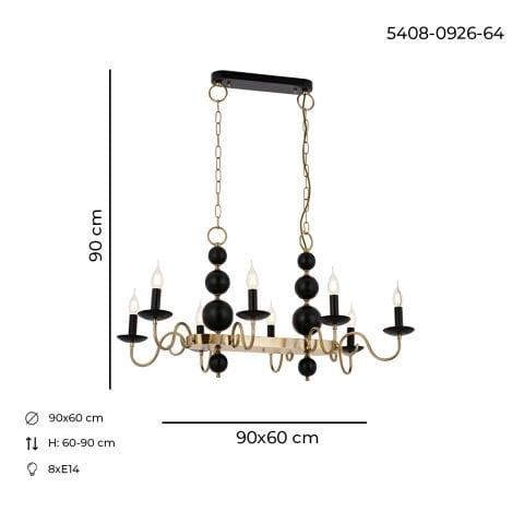 Lustra HubRom, ARGUN 5408-0926-64 90x60xHmax100 cm 8xE14-40W Negru / Antiq