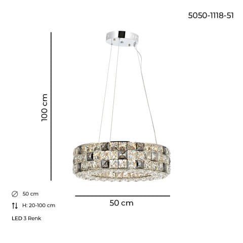 Lustra Led Cristal HubRom, ARIN Crom 5050-2996-51 50x50xHmax100 cm Lumina Calda,Rece,Neutra